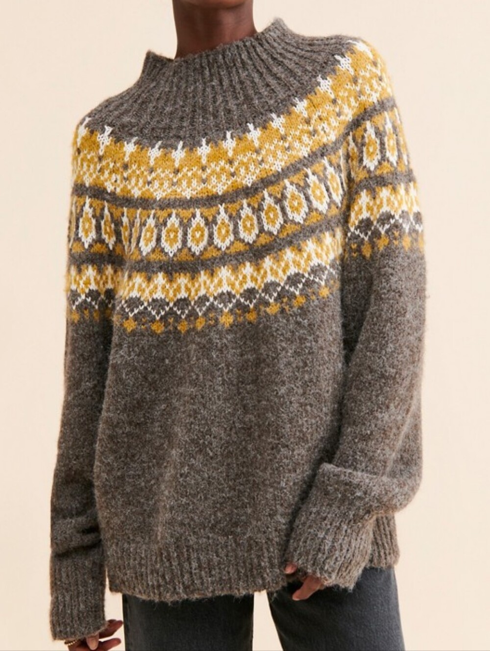 Moon River Fair Isle Mock Neck Sweater - Gray & Mustard